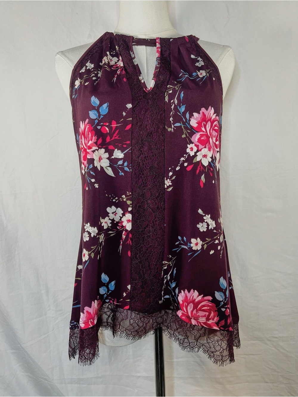 White House Black Market Plum Floral Lace-Trim Halter Camisole